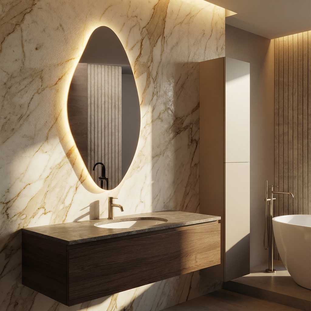 Modern Organik LED Banyo Aynası – Asimetrik Dekoratif Işıklı Ayna, Duvara Monte Tasarım