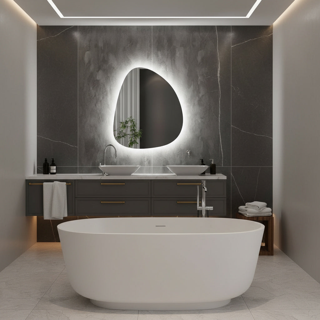 Modern Asimetrik LED Ayna – Organik Şekilli Dekoratif Banyo Aynası, Arka Işıklı Tasarım