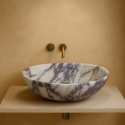 Calacatta Viola Mermer Lavabo – L36 × W46 × H13 cm | El Yapımı Doğal Mermer Banyo Lavabosu