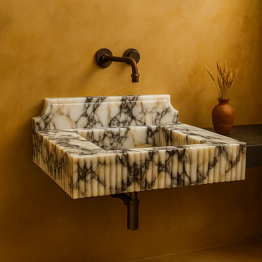 Calacatta Viola Mermer Çift Lavabolu Özel Tasarım Banyo Lavabosu – Fluted (Yivli) Blok Mermer Tezgâh Üstü Modeli – L90 × W50 × H30,5 cm