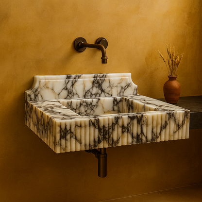 Calacatta Viola Mermer Çift Lavabolu Özel Tasarım Banyo Lavabosu – Fluted (Yivli) Blok Mermer Tezgâh Üstü Modeli – L90 × W50 × H30,5 cm