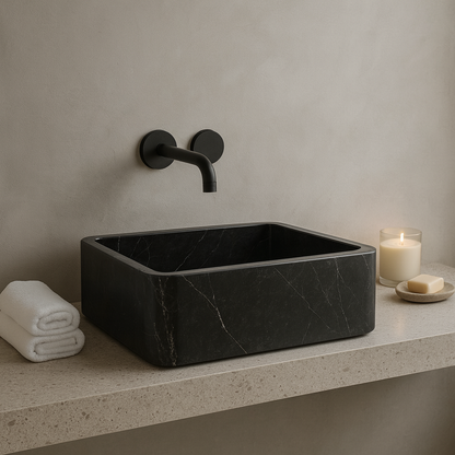 Toros Siyah Mermer Lavabo – Dikdörtgen El Yapımı Banyo Lavabosu (55×35×14 cm)