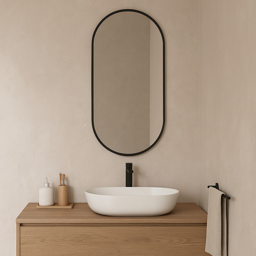 Modern Çerçeveli Oval Duvar Aynası – Dekoratif Banyo ve Salon Aynası Tasarımı