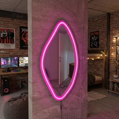 Modern LED Işıklı Dekoratif Duvar Aynası – Organik Tasarım Neon Çerçeveli Ayna