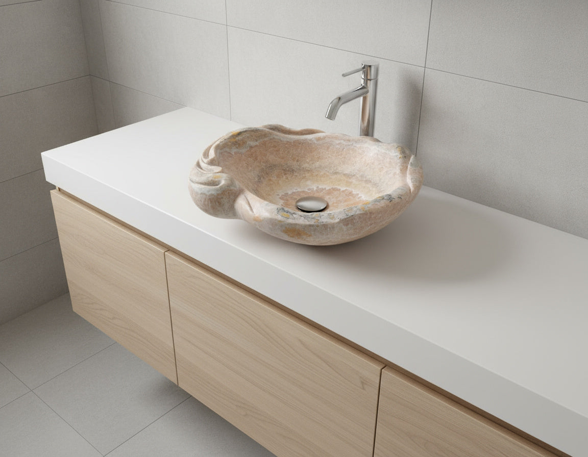Rose Onyx Marble Lavabo – Doğal Rose Onyx Mermer Tezgâh Üstü Banyo Lavabosu (L 55 × W 50 × H 15 cm)