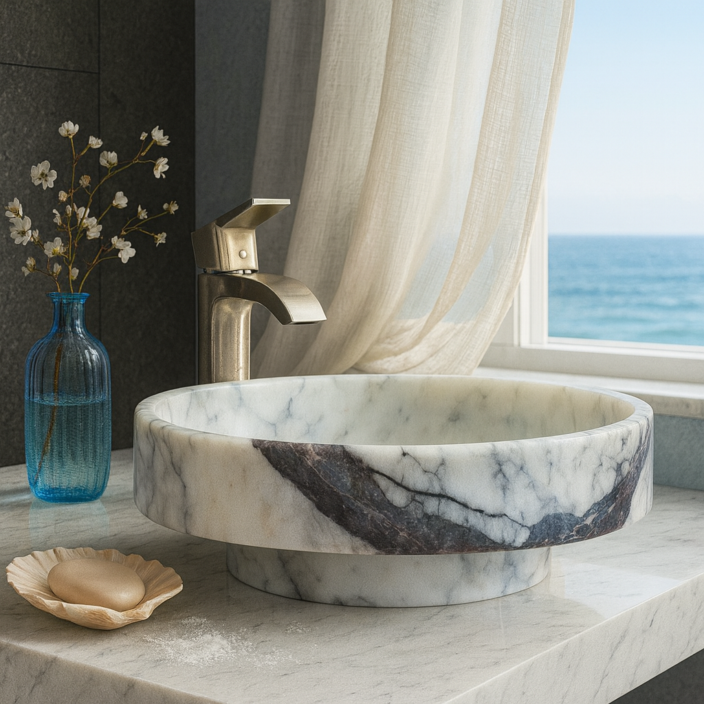 New York Mermeri Yuvarlak Doğal Taş Lavabo – 39×39×11 cm