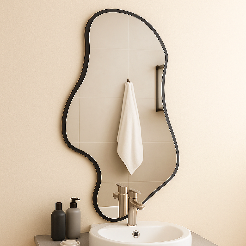 Dalgalı Çerçeveli Asimetrik Ayna – Banyo ve Dekor İçin Irregular Organik Form Duvar Aynası