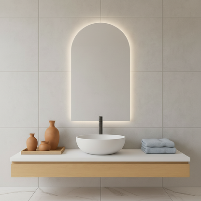 Modern LED Işıklı Kemer Banyo Aynası – Arkadan Aydınlatmalı Arch Ayna, Minimalist ve Şık Banyo Dekoru