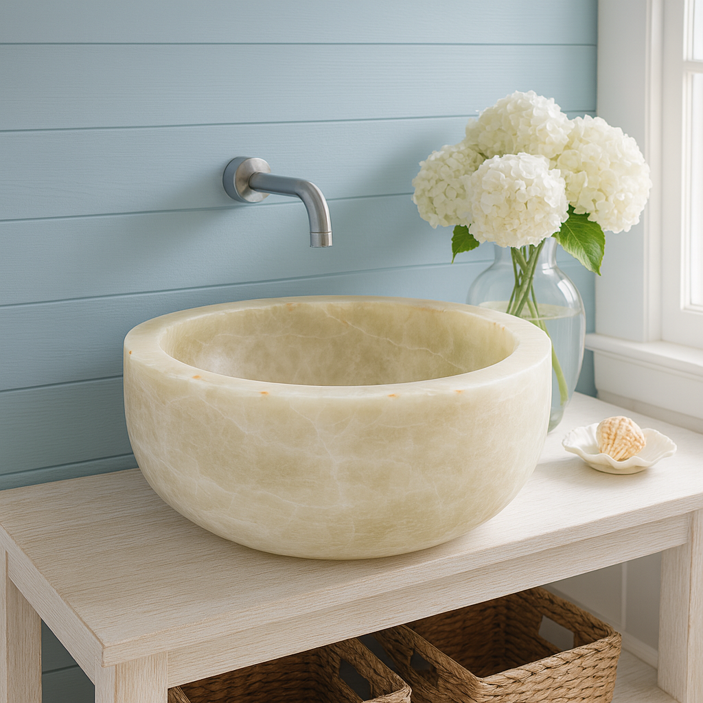 Oniks Mermer Yuvarlak Lavabo – Doğal Taş El Yapımı Oniks Banyo Lavabosu (40×40×15 cm)
