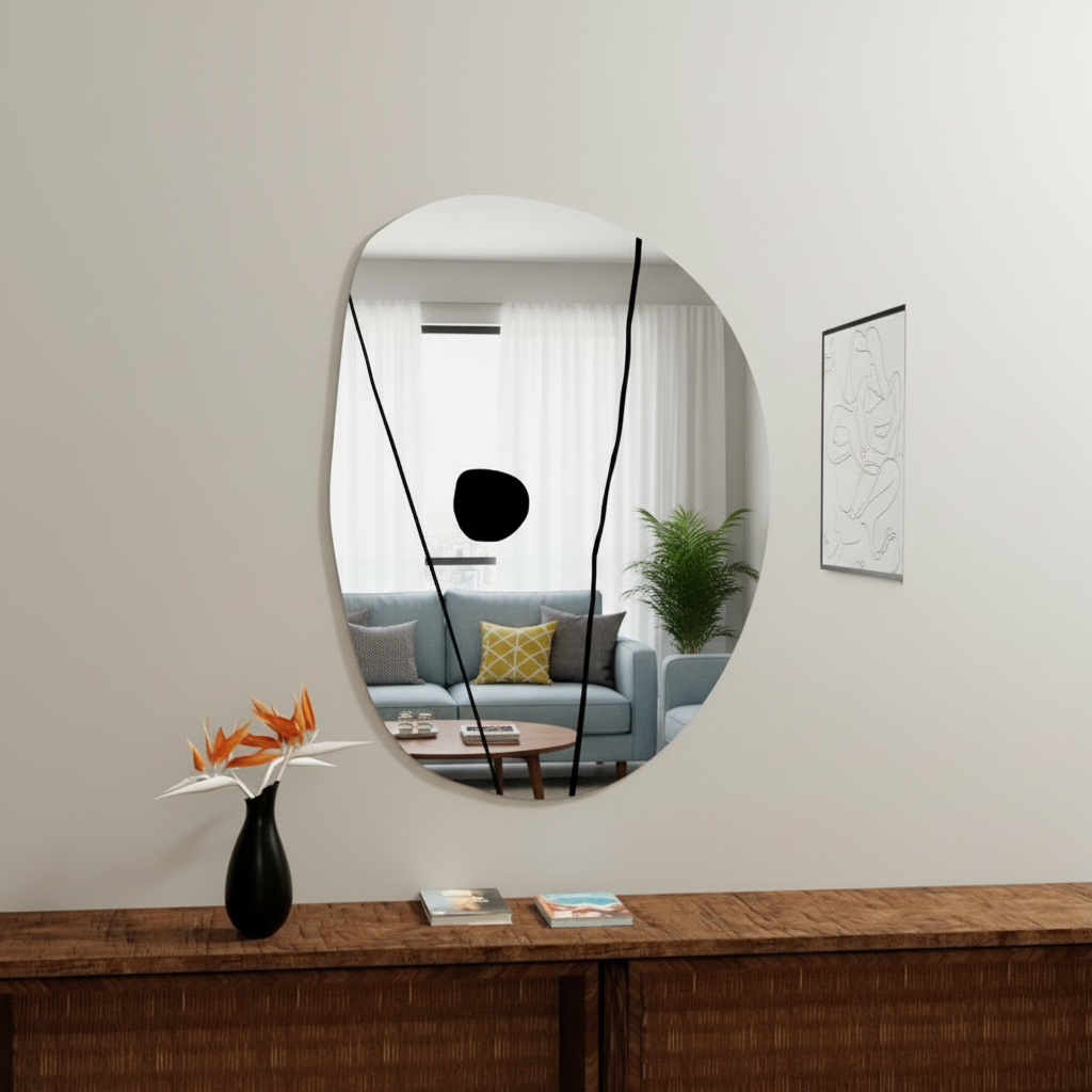 Modern Organik Form Dekoratif Duvar Aynası – Tasarım Asimetrik Banyo Aynası, Şık Minimalist Ayna Modeli