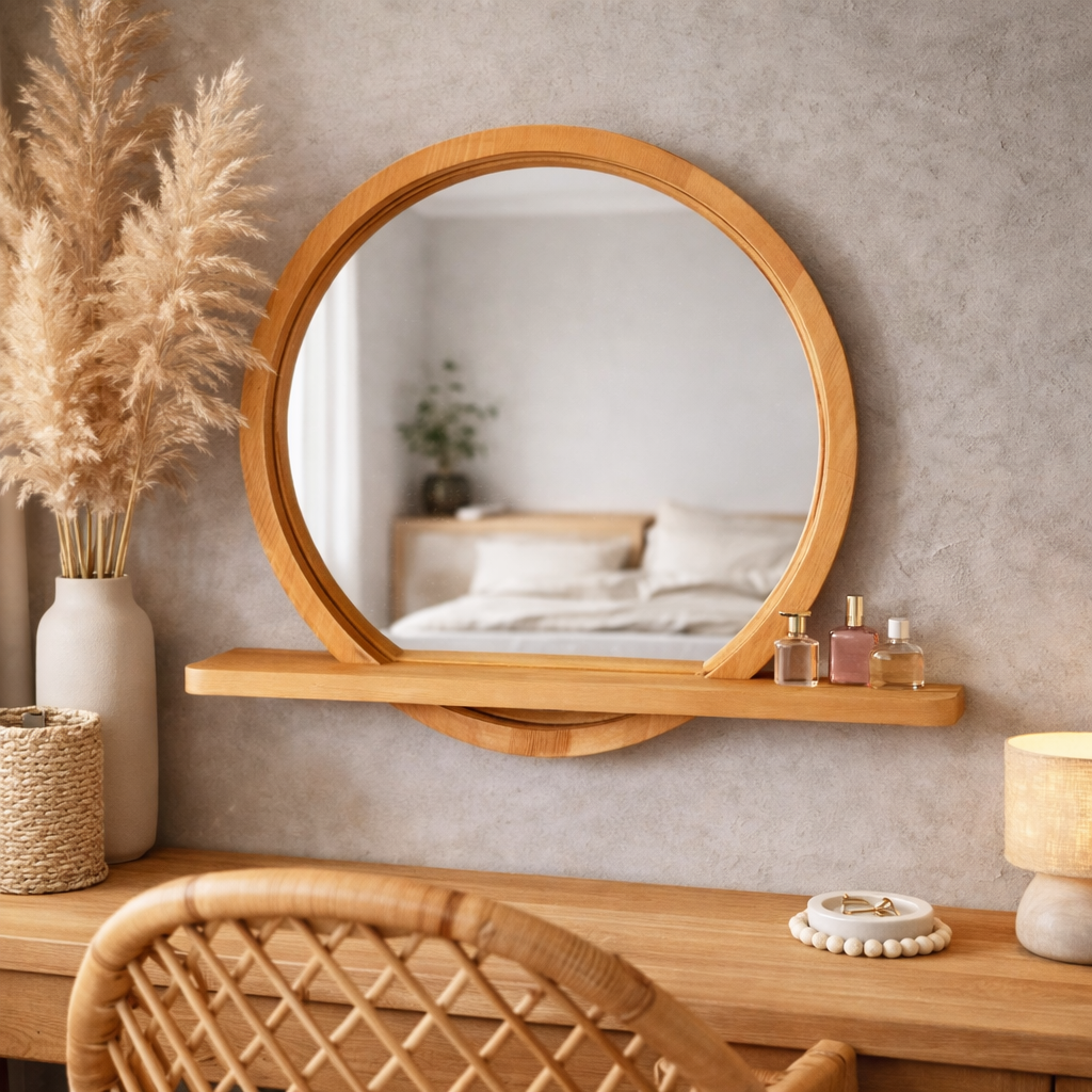 Raflı Masif Kayın Ağacı Yuvarlak Ayna – İskandinav Tarzı Antre ve Banyo Aynası