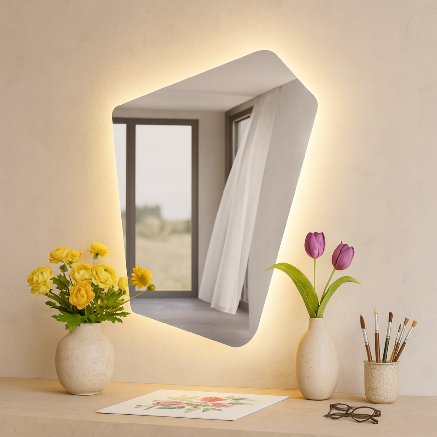 Asimetrik LED Işıklı Ayna – Minimal ve Şık Düzensiz Form Banyo Duvar Aynası