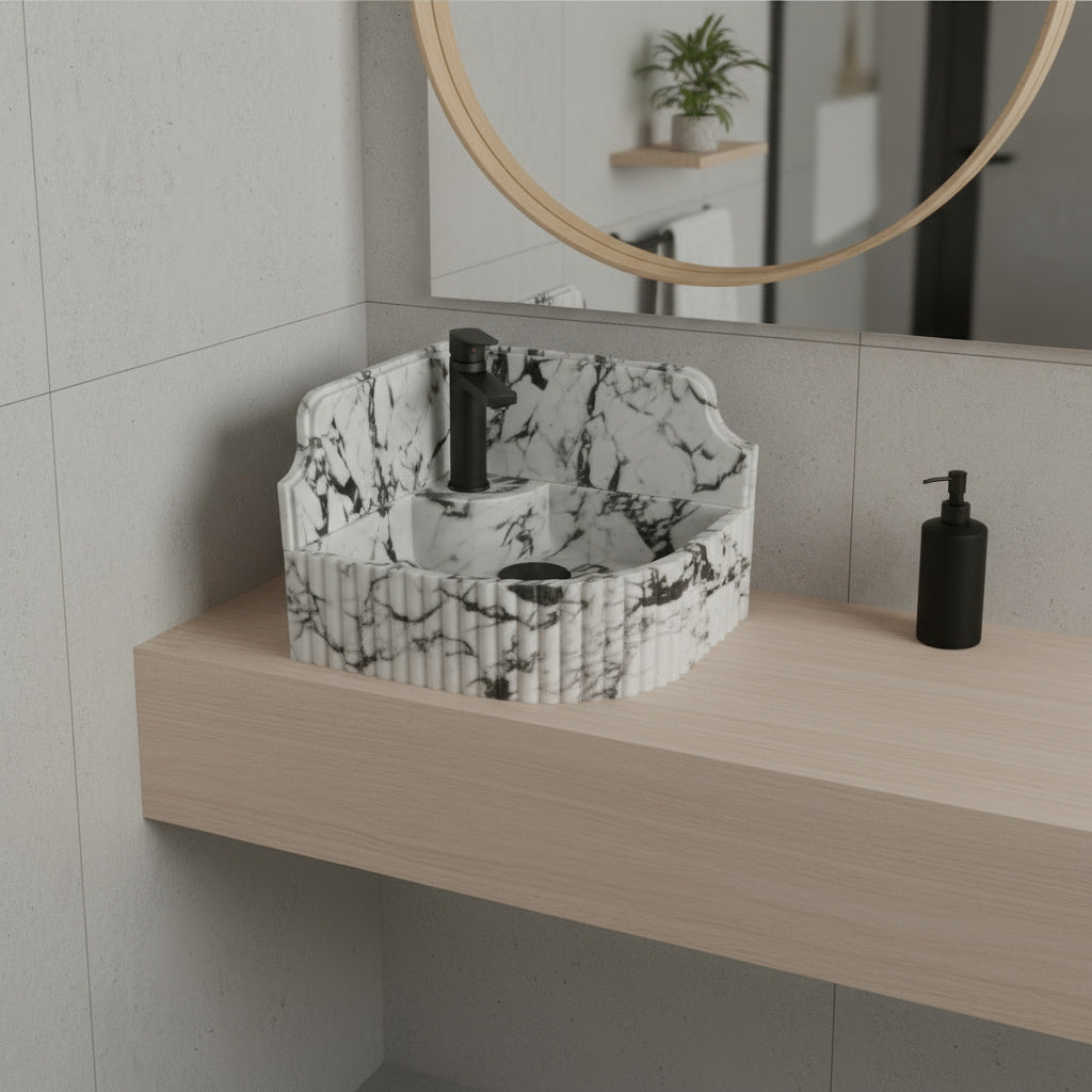 Calacatta Viola Mermer Duvar Tipi Köşe Lavabo – El Yapımı Lüks Köşe Mermeri Lavabo (41×41×20 cm)
