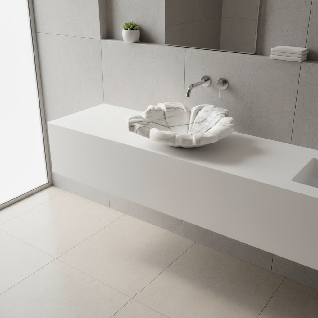 White Marble Lavabo – Doğal Panda White Mermer Tezgâh Üstü Banyo Lavabosu (L 57 × W 50 × H 14 cm)
