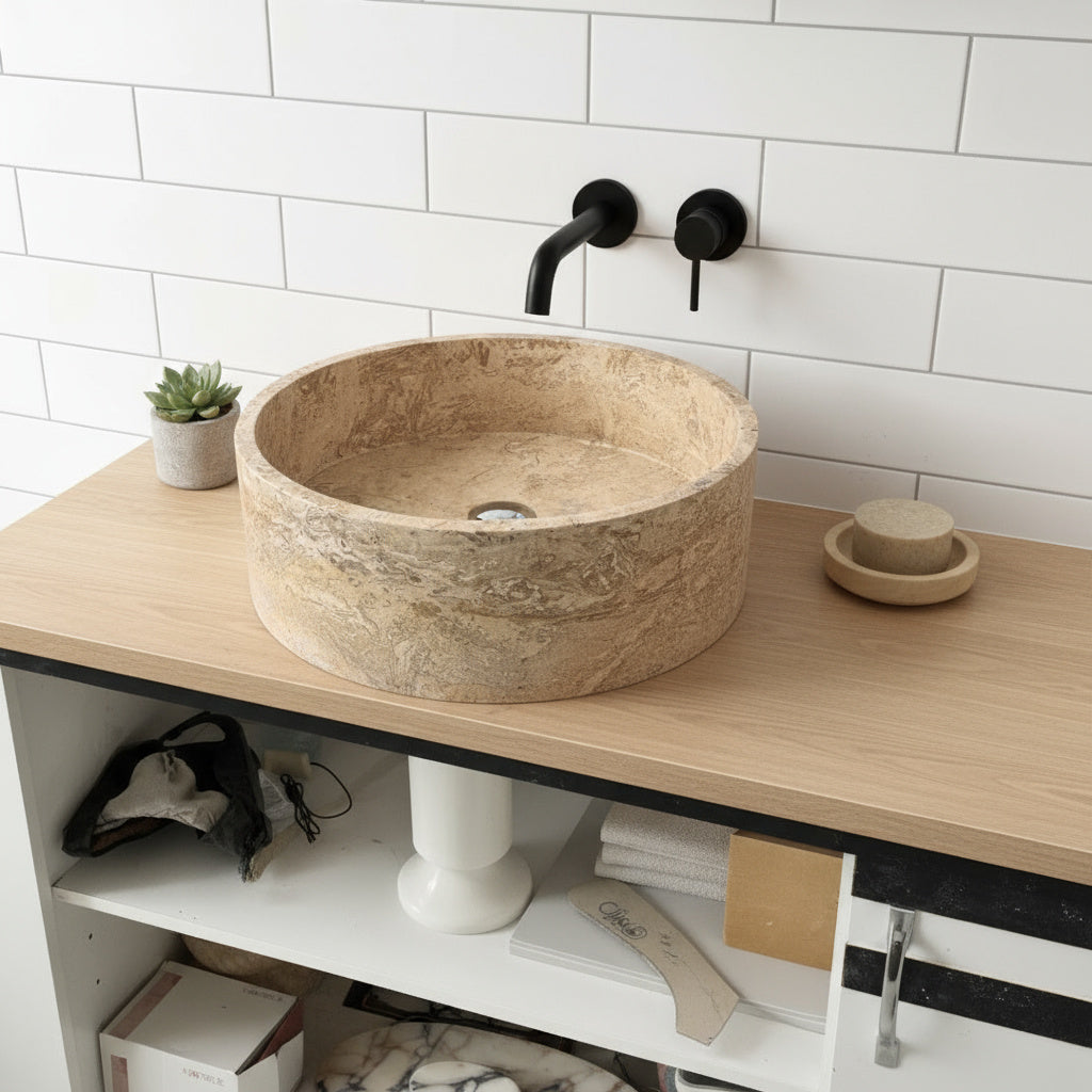Traverten Marble Lavabo – Doğal Traverten Taş Tezgâh Üstü Banyo Lavabosu (L 43 × W 43 × H 15 cm)