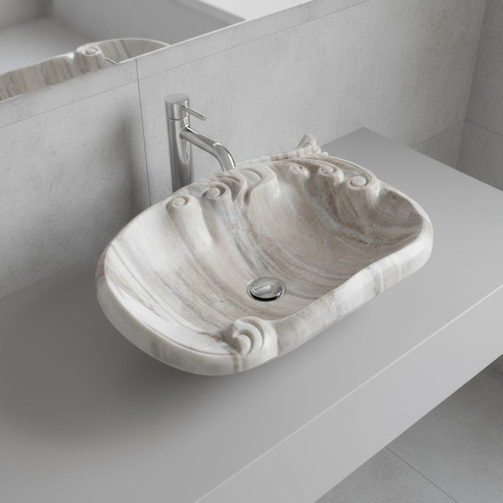Silver Wave Marble Lavabo – Doğal Silver Wave Mermer Tezgâh Üstü Banyo Lavabosu (L 55 × W 55 × H 15 cm)