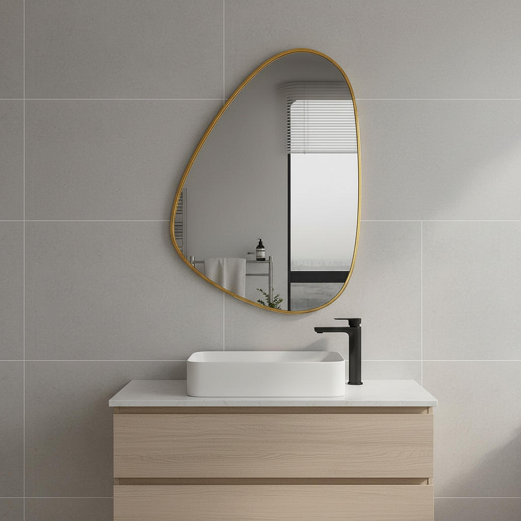 Modern Organik Şekilli Çerçeveli Düzensiz Banyo Aynası – Dekoratif Asimetrik Duvar Aynası