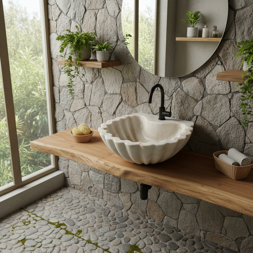Carrara Mermer Kabuk Formu Banyo Lavabo – El Oyma Doğal Mermer Şelale Lavabo