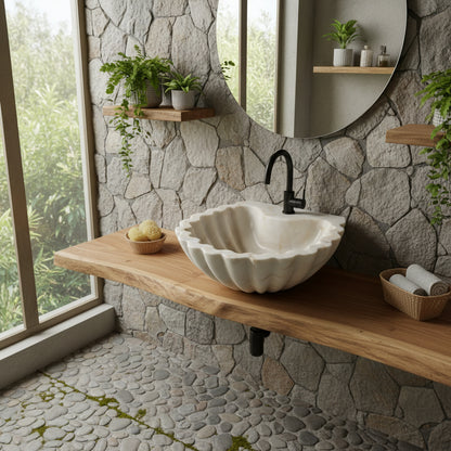 Carrara Mermer Kabuk Formu Banyo Lavabo – El Oyma Doğal Mermer Şelale Lavabo