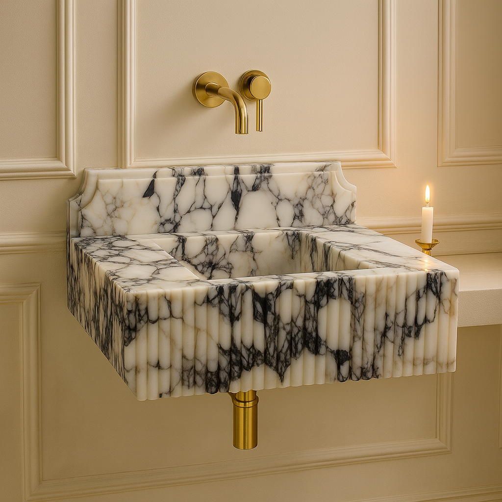Calacatta Viola Mermer Çift Lavabolu Özel Tasarım Banyo Lavabosu – Fluted (Yivli) Blok Mermer Tezgâh Üstü Modeli – L90 × W50 × H30,5 cm