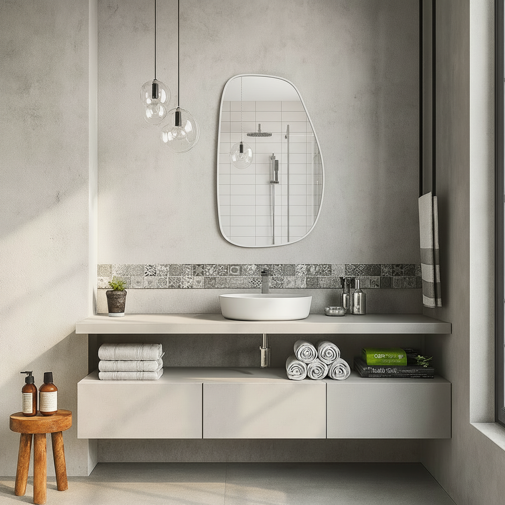 Modern Organik Form Banyo Aynası – Çerçeveli Asimetrik Duvar Aynası | Minimalist Şık Dekor Ayna