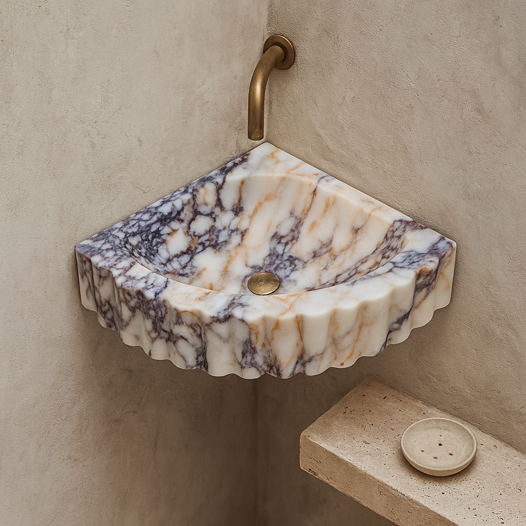 Calacatta Viola Mermer Duvar Tipi Köşe Lavabo – El Yapımı Lüks Banyo Lavabosu (51×51×18 cm)