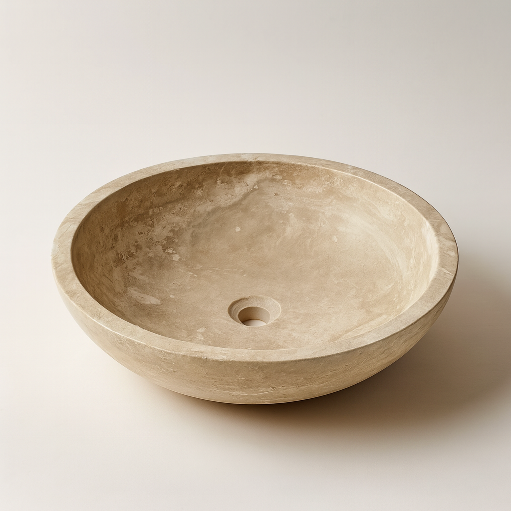 Light Travertine Mermer Lavabo – Doğal Traverten Taş Banyo Lavabosu | 40,5 × 40,5 × 10 cm