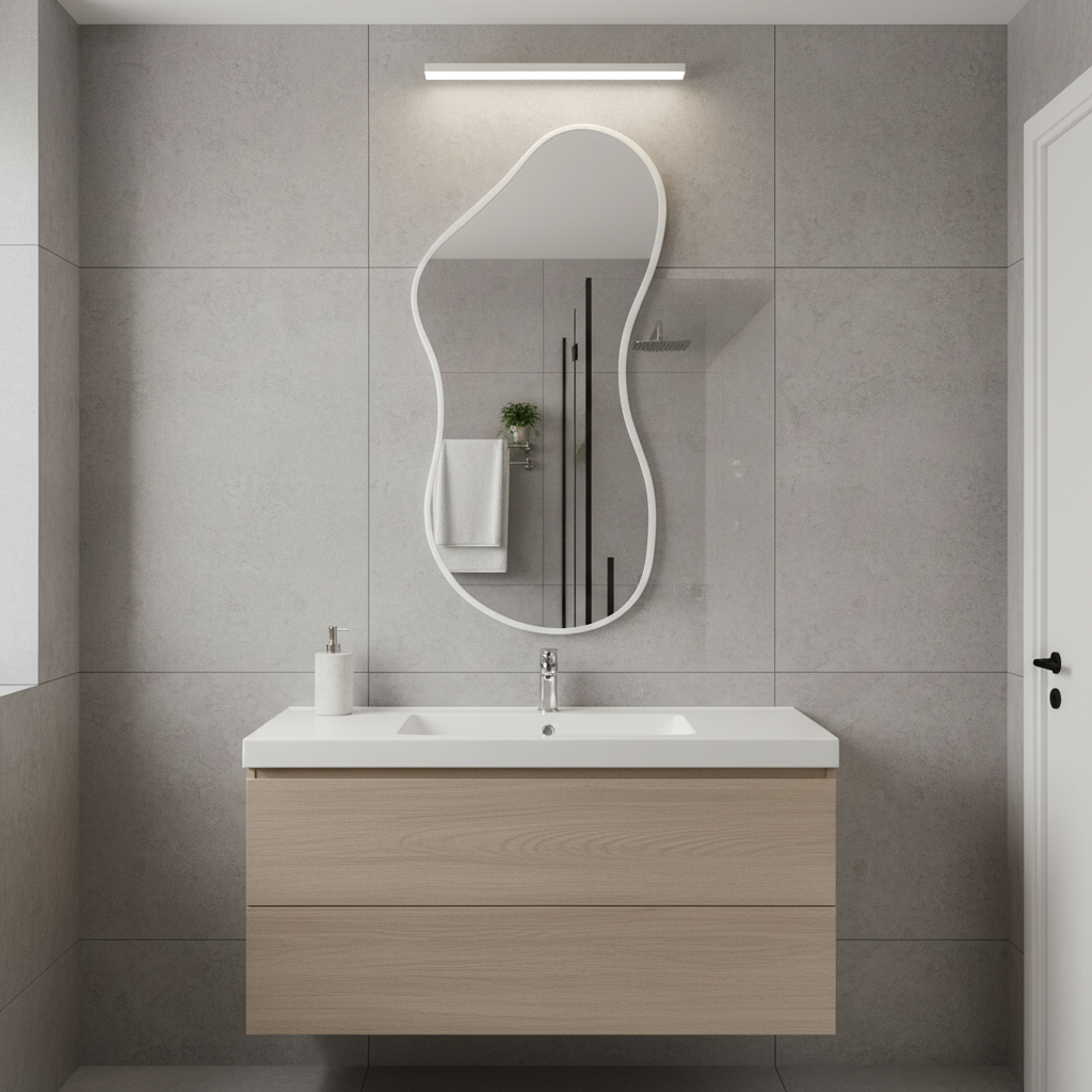 Modern Organik Şekilli Dekoratif Banyo Aynası – Çerçeveli Düzensiz Tasarım Ayna | Minimalist & Japandi Duvar Aynası