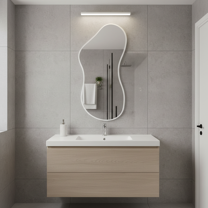 Modern Organik Şekilli Dekoratif Banyo Aynası – Çerçeveli Düzensiz Tasarım Ayna | Minimalist & Japandi Duvar Aynası