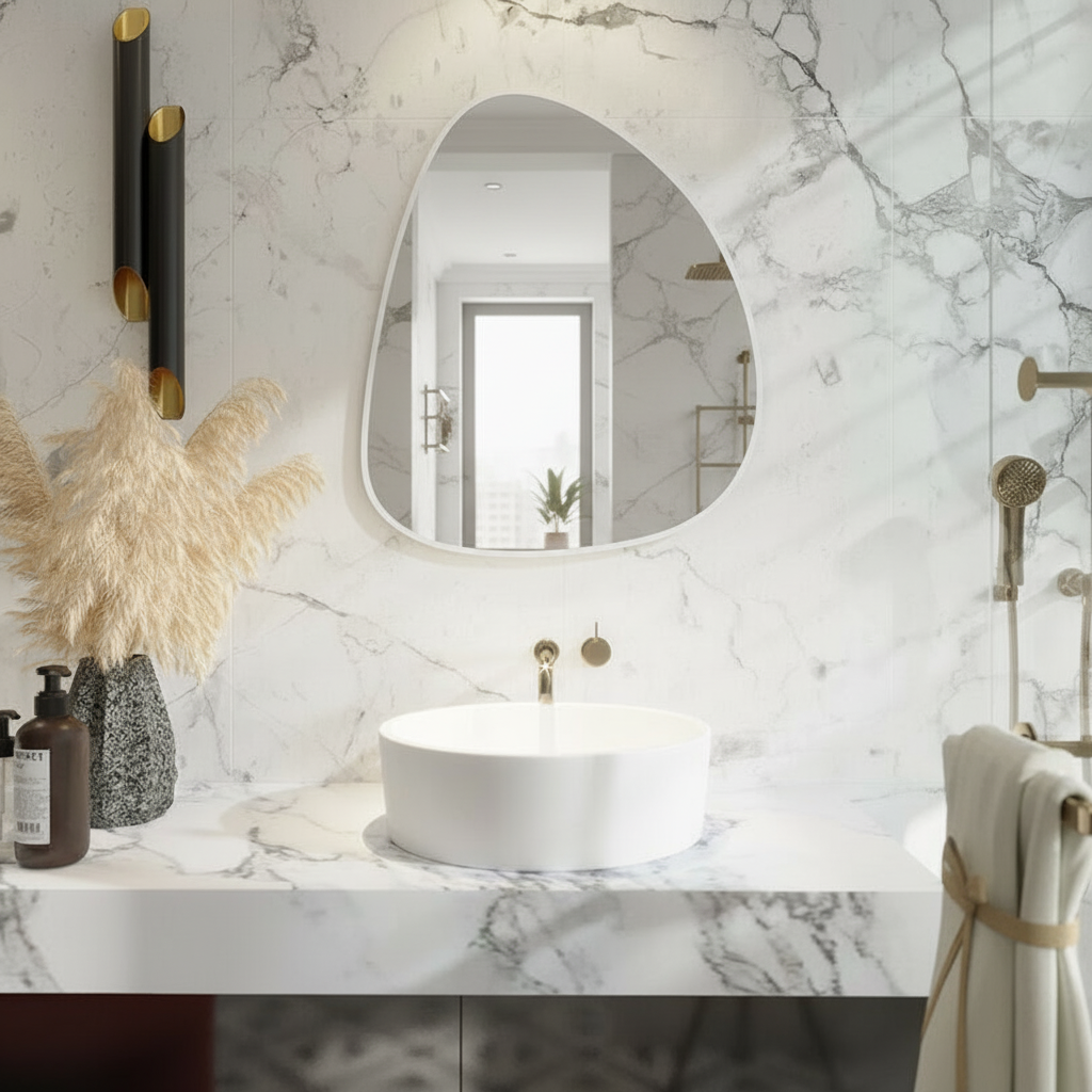 Modern Asimetrik Banyo Aynası – Çerçeveli Organik Form Dekoratif Duvar Aynası