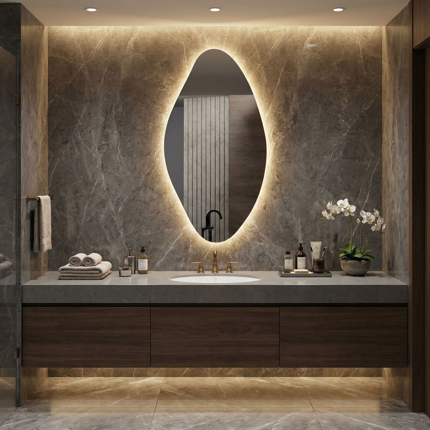 Modern Organik LED Banyo Aynası – Asimetrik Dekoratif Işıklı Ayna, Duvara Monte Tasarım