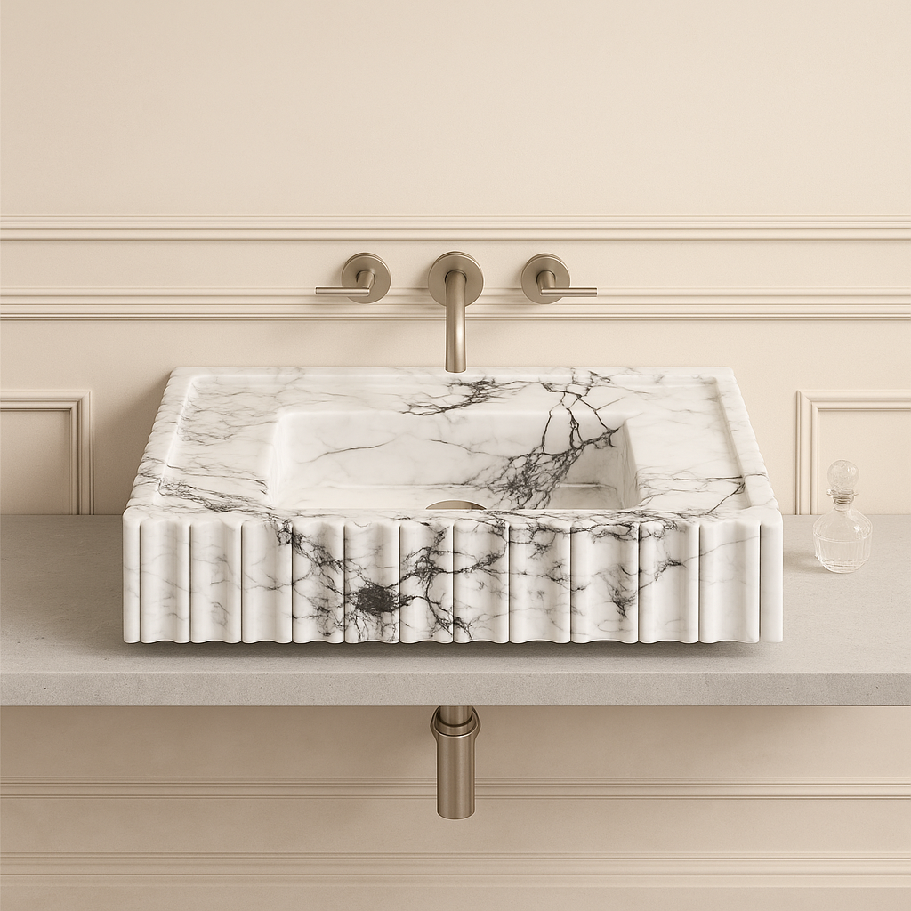 Calacatta Viola Mermer Duvara Monte Banyo Lavabosu – Flütlü Dikdörtgen Tasarım (L71 × W46 × H15 cm)