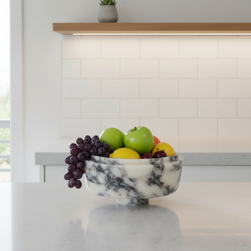 Premium Mermer Meyve Kasesi – Dekoratif Taş Sunum Standı