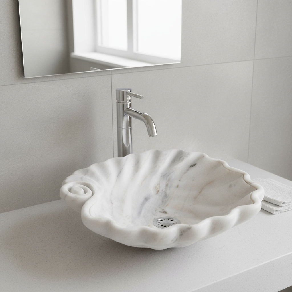 Beyaz Mermer Lavabo – Doğal Beyaz Mermer Tezgâh Üstü Banyo Lavabosu (L 45 × W 45 × H 15 cm)