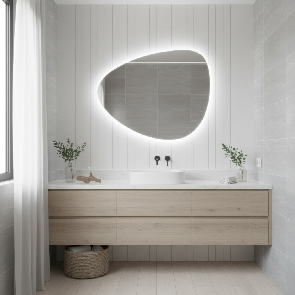 Modern Asimetrik LED Aydınlatmalı Banyo Aynası – Düzensiz Organik Formlu Dekoratif Duvar Aynası