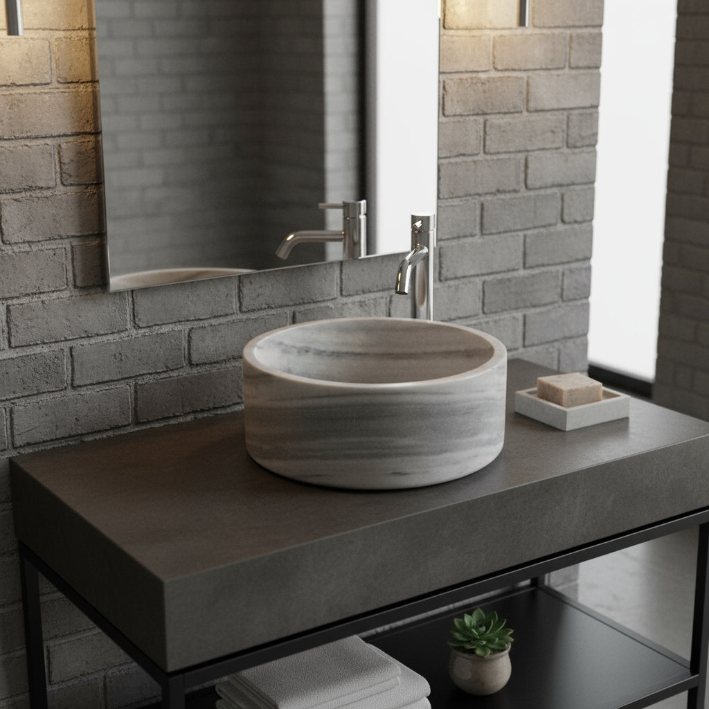 Grey Marmara Mermeri Yuvarlak Lavabo – El İşçiliği Doğal Taş Banyo Lavabosu (42×42×15 cm)