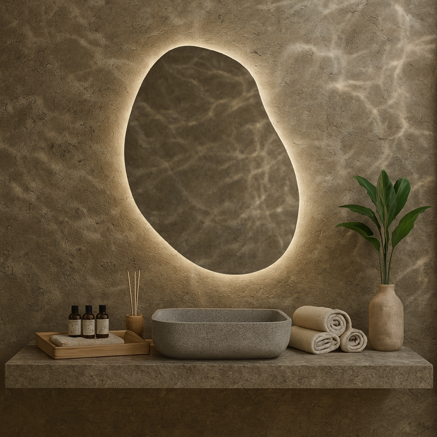 LED Işıklı Organik Banyo Aynası – Modern Asimetrik Tasarım, Arkadan Aydınlatmalı Dekoratif Ayna