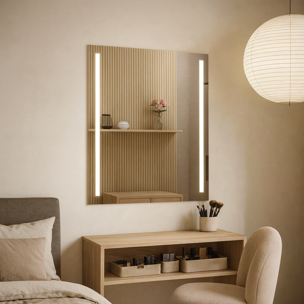 Modern Strip LED Ayna – Dikey Işıklı Minimal Tasarım Duvar Aynası