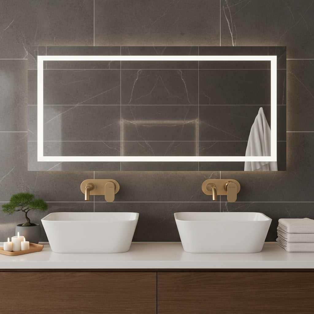 Büyük LED Işıklı Dikdörtgen Banyo Aynası – Modern Çerçevesiz Tasarım, Touch ve Duvar Anahtarlı