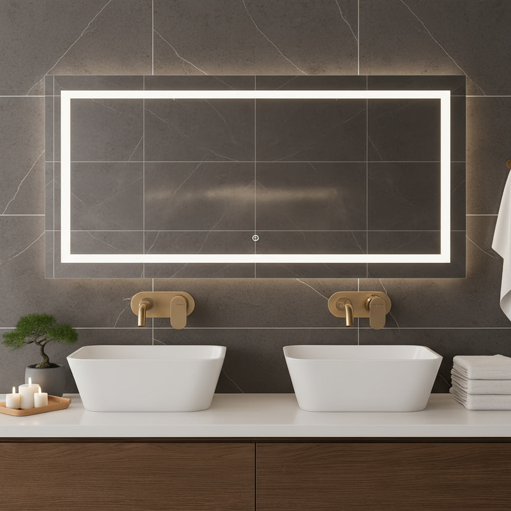 Büyük LED Işıklı Dikdörtgen Banyo Aynası – Modern Çerçevesiz Tasarım, Touch ve Duvar Anahtarlı