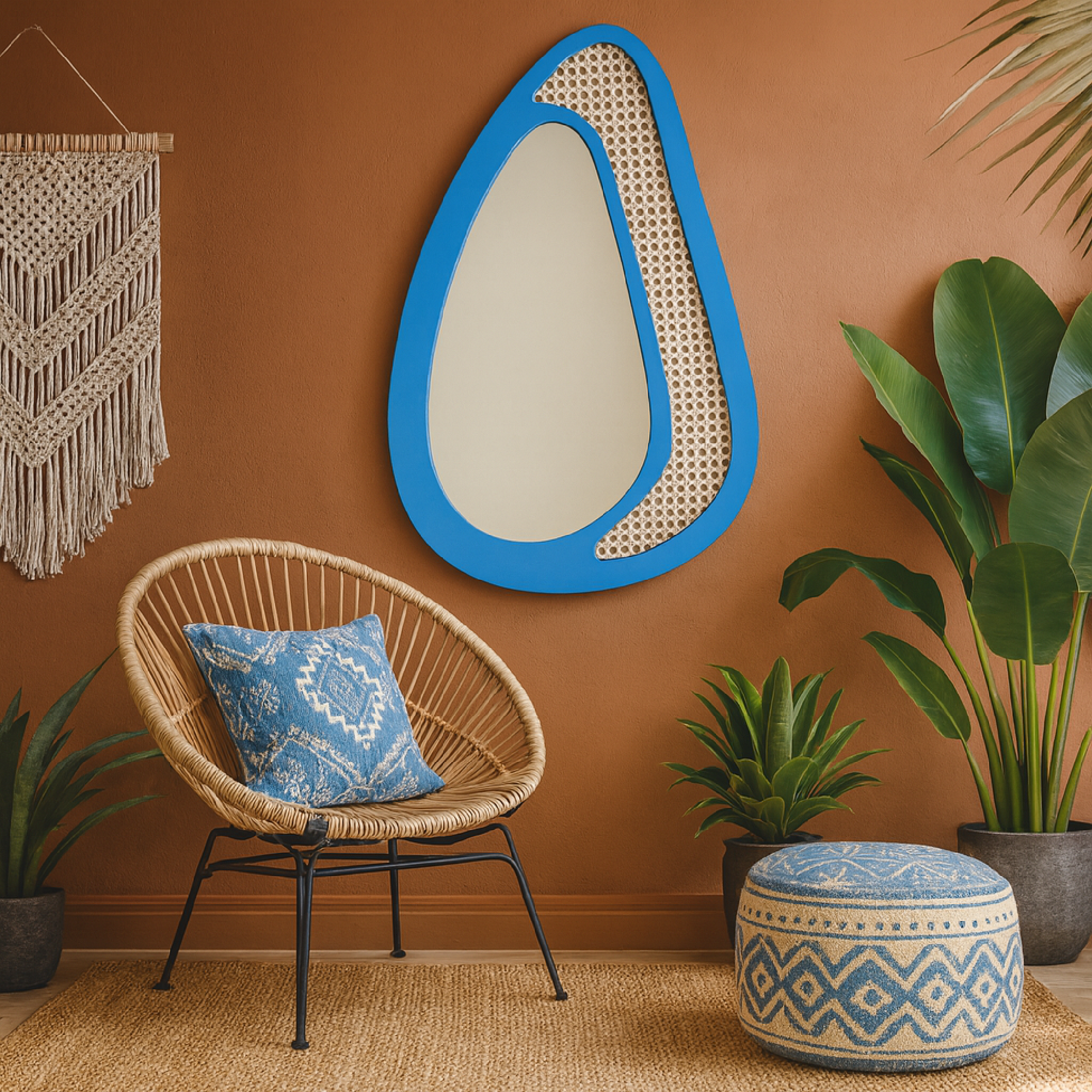 Rattan Çerçeveli Organik Ayna – Modern Dekoratif Duvar Aynası | Tasarım Ayna, Rattan Ayna, Salon & Genç Odası Dekoru