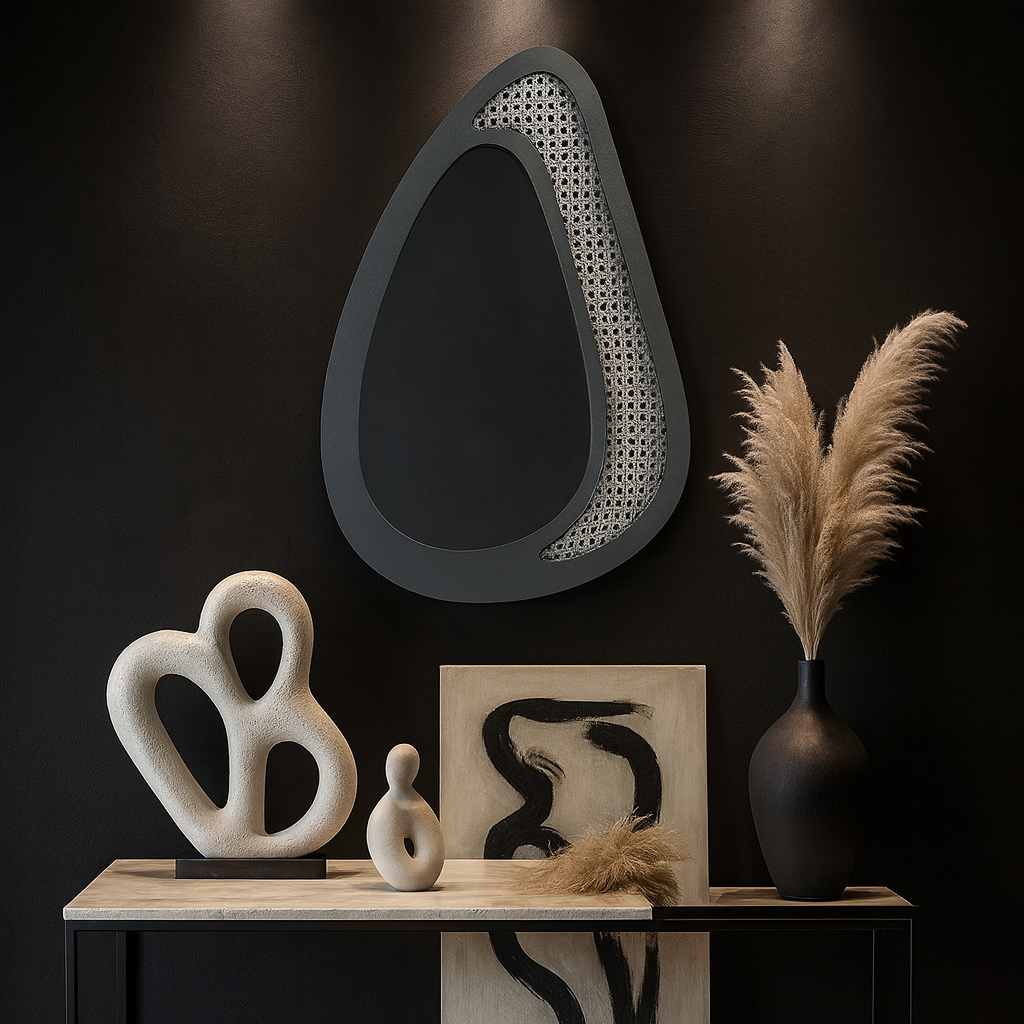 Rattan Çerçeveli Organik Ayna – Modern Dekoratif Duvar Aynası | Tasarım Ayna, Rattan Ayna, Salon & Genç Odası Dekoru