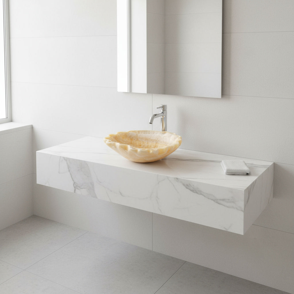 Lüks Mermer Tezgâh Üstü Lavabo – El Oyma Doğal Taş Banyo Lavabosu, Amber Oniks Küvet Lavabo