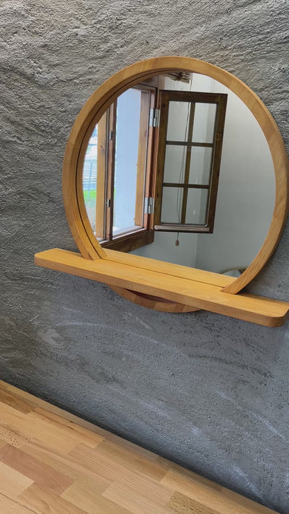 Raflı Masif Kayın Ağacı Yuvarlak Ayna – İskandinav Tarzı Antre ve Banyo Aynası