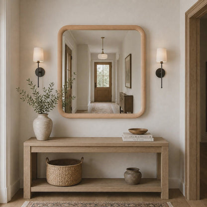 Kare Ahşap Çerçeveli Ayna, Yuvarlatılmış Köşeli Duvar Aynası, Masif Kayın Banyo Aynası, Antre ve Makyaj Aynası