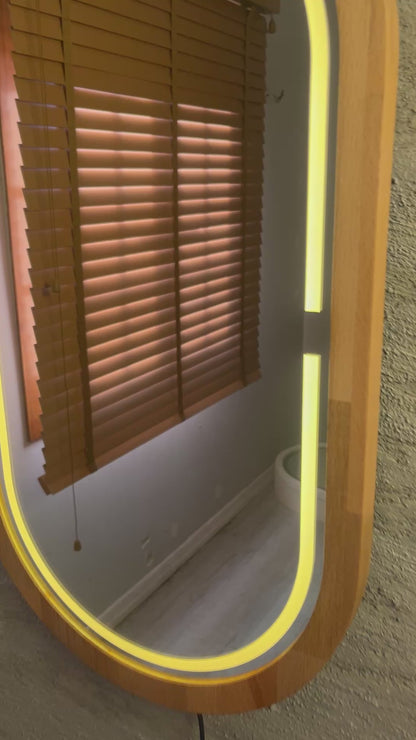 Kayın Ahşap Çerçeveli LED’li Oval Ayna – Dimmer Işıklı Dekoratif Duvar Aynası, Banyo Makyaj Salon Aynası