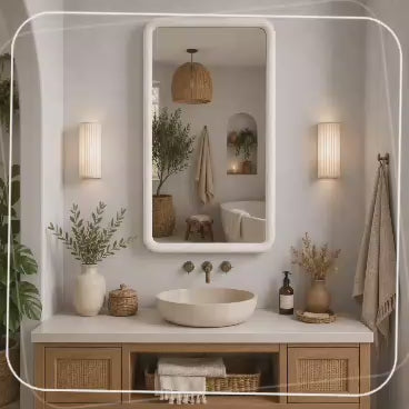 Yuvarlatılmış Köşeli Dikdörtgen Duvar Aynası, Ahşap Çerçeveli Ayna, Masif Kayın Ağacı Banyo Lavabo Aynası