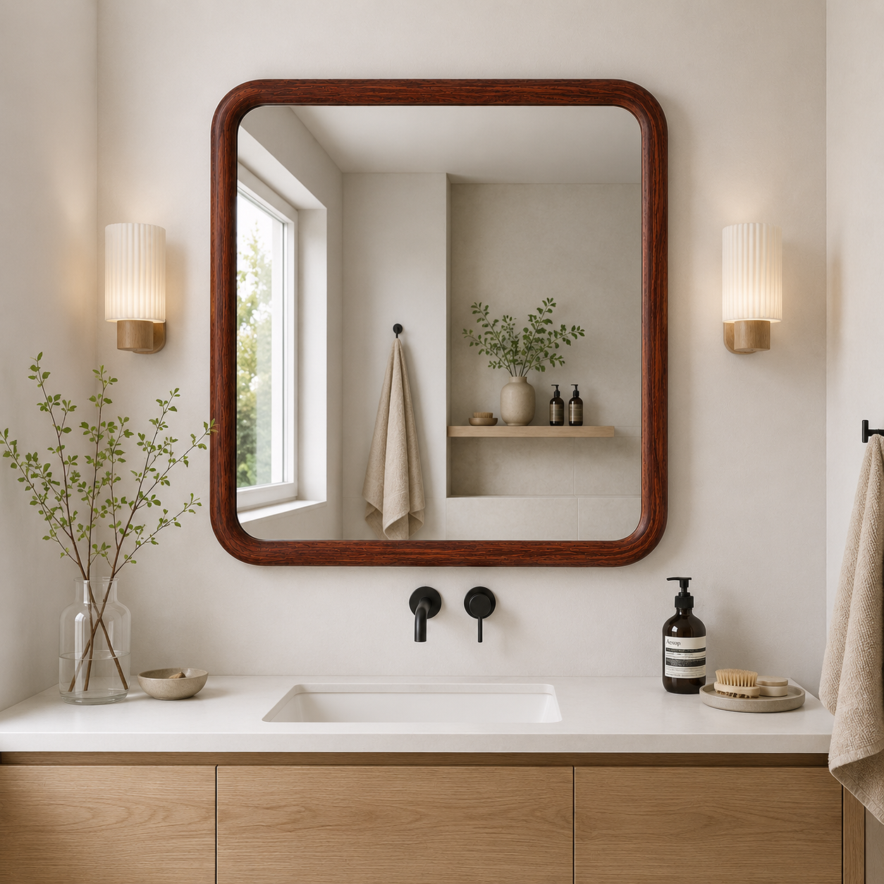 Kare Ahşap Çerçeveli Ayna, Yuvarlatılmış Köşeli Duvar Aynası, Masif Kayın Banyo Aynası, Antre ve Makyaj Aynası