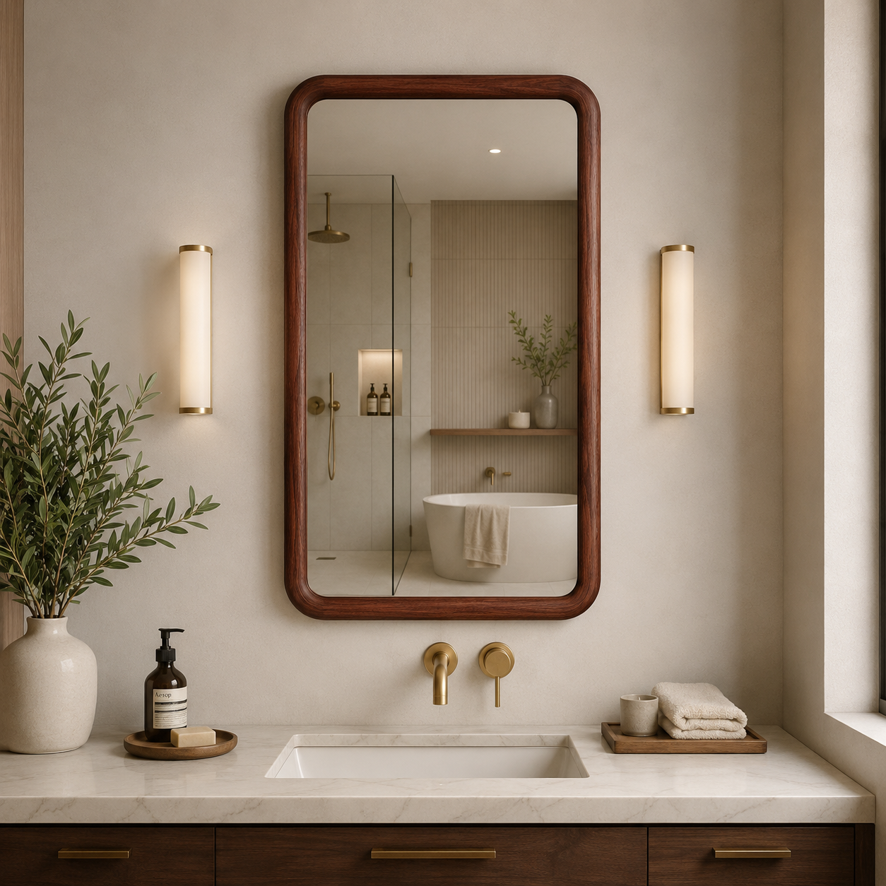 Yuvarlatılmış Köşeli Dikdörtgen Duvar Aynası, Ahşap Çerçeveli Ayna, Masif Kayın Ağacı Banyo Lavabo Aynası