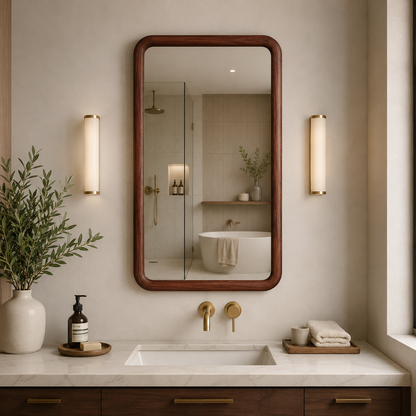 Yuvarlatılmış Köşeli Dikdörtgen Duvar Aynası, Ahşap Çerçeveli Ayna, Masif Kayın Ağacı Banyo Lavabo Aynası